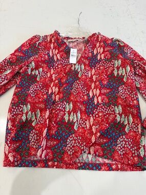 LOFT Red Multi-Print Long Sleeve V-Neck Blouse
